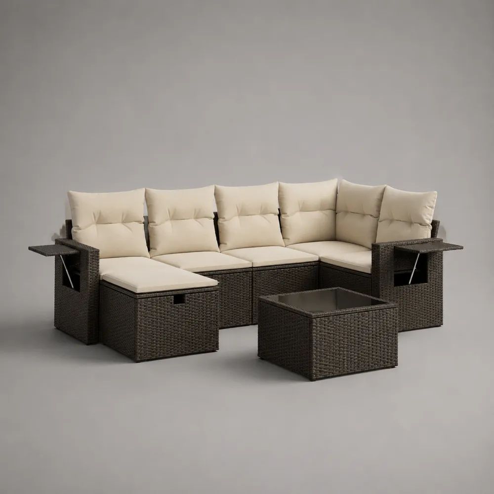 Gartenmöbel-Set aus PE-Rattan mit 6-Sitzer-Ecksofa, Hocker und Glastisch, Braun/Beige, 235 x 180 x 85 cm