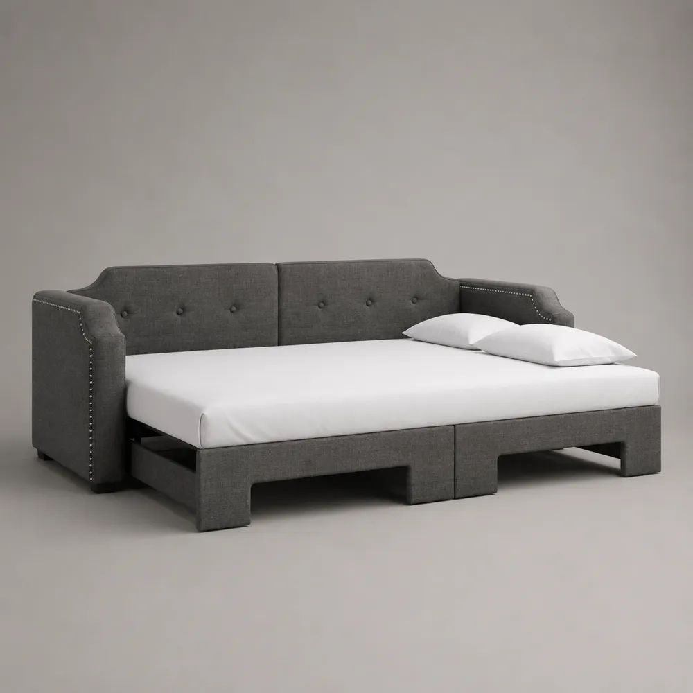 Ausziehbares Schlafsofa mit Polyesterbezug, Dunkelgrau, Liegefläche 90/180 × 200 cm, Gesamtmaß 218 × 101/191 × 88 cm