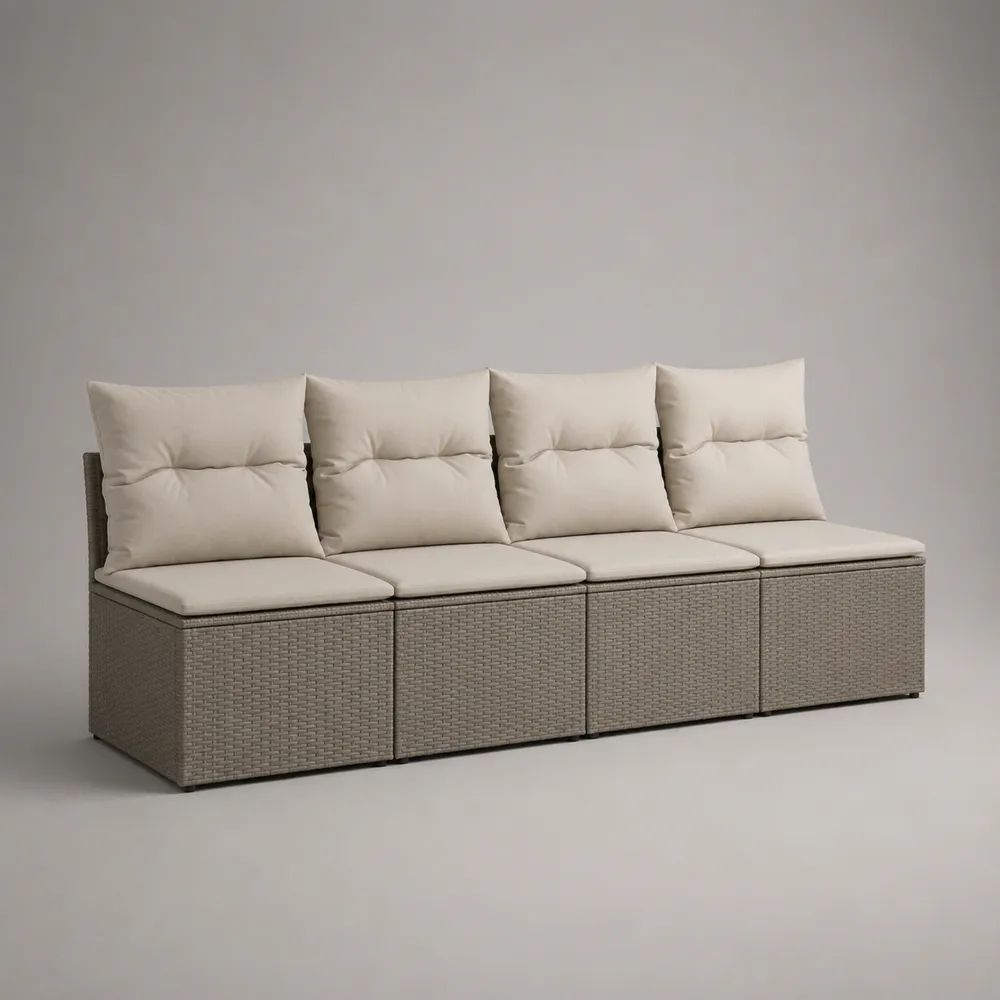 Modulare 4-Sitzer-Gartenbank mit Stauraum aus PE-Rattan und Stahl, Grau/Beige, 196 × 62 × 88 cm