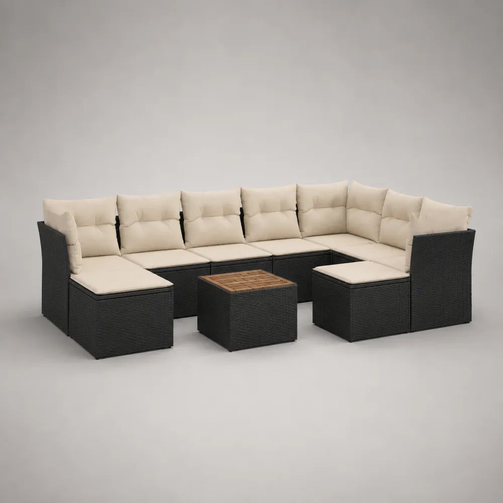 9-teiliges Gartenlounge-Set aus PE-Rattan und Akazien-Massivholz, U-Form, Schwarz/Creme/Braun, 300 × 180 × 64 cm