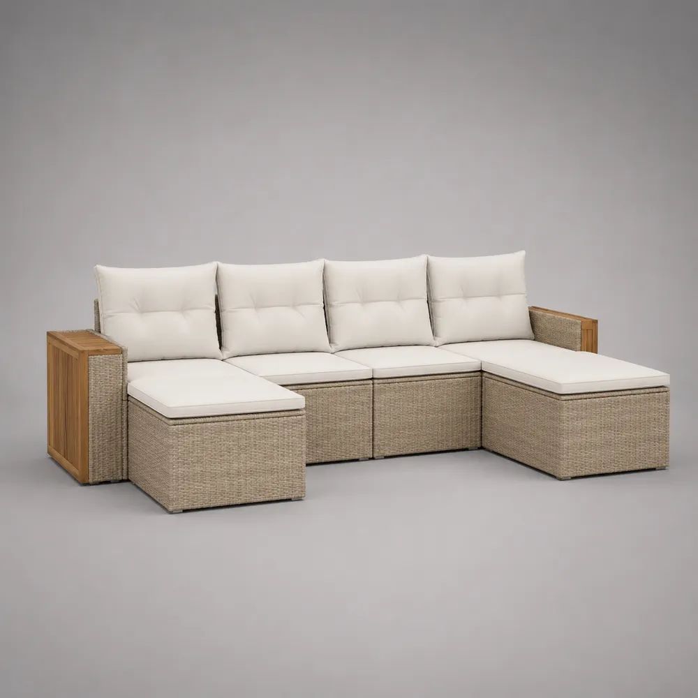 3-teiliges U-förmiges Gartenlounge-Set aus PE-Rattan, Stahl, Akazienholz und Polyester, Beige/Creme/Naturbraun, 260 × 150 × 74 cm