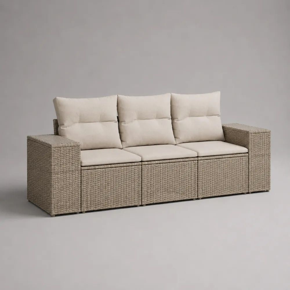5-teilige Gartenbank, 3-Sitzer aus PE-Rattan mit Polyesterkissen, Beige/Cremeweiß, 195 × 70 × 82 cm