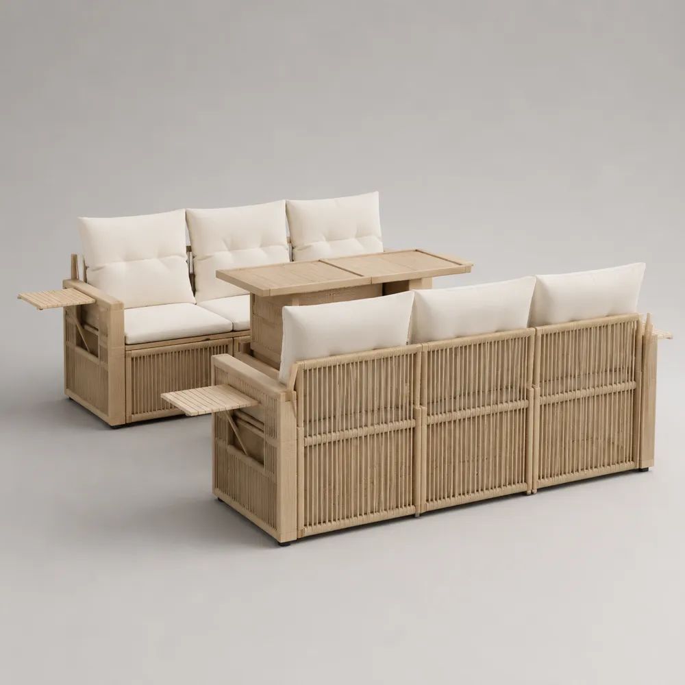 3-teiliges Gartenlounge-Set für 6 Personen aus PE-Rattan und Aluminium, Beige/Cremeweiß, Sitzbänke je 200 × 75 × 85 cm, Tisch 140 × 70 × 68 cm