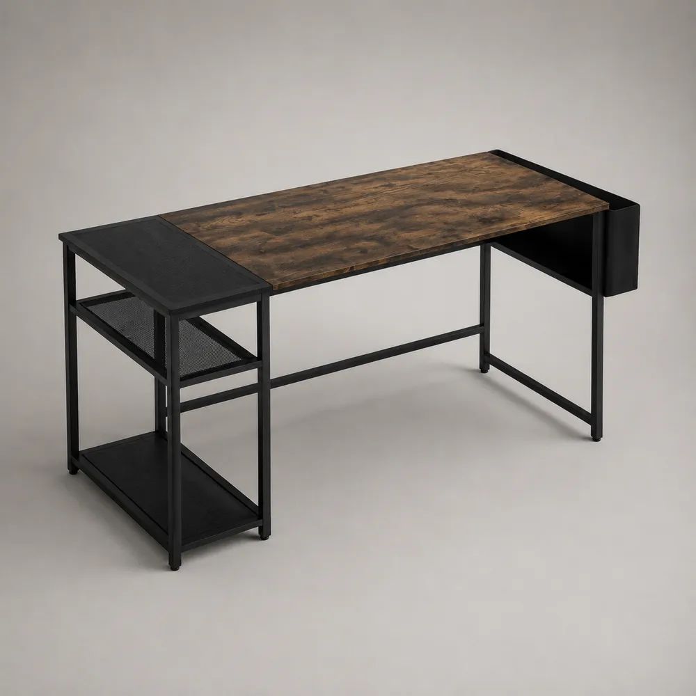 Computertisch mit Regal und Seitentasche aus Holz und Stahl, rechteckig, Braun/Schwarz, 120 × 60 × 75 cm