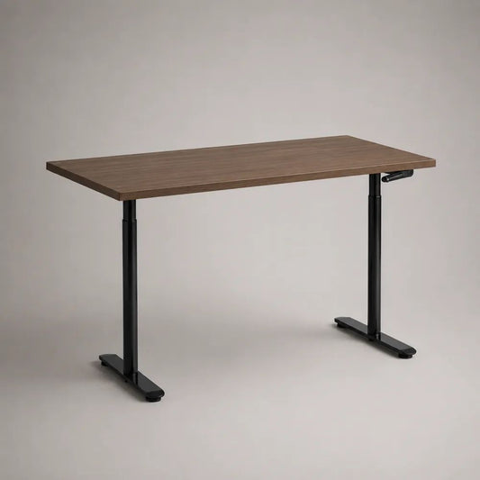 Höhenverstellbarer Schreibtisch mit Handkurbel, rechteckige Holz-Tischplatte und Stahlgestell, Braun/Schwarz, 120 × 60 × 72–118 cm