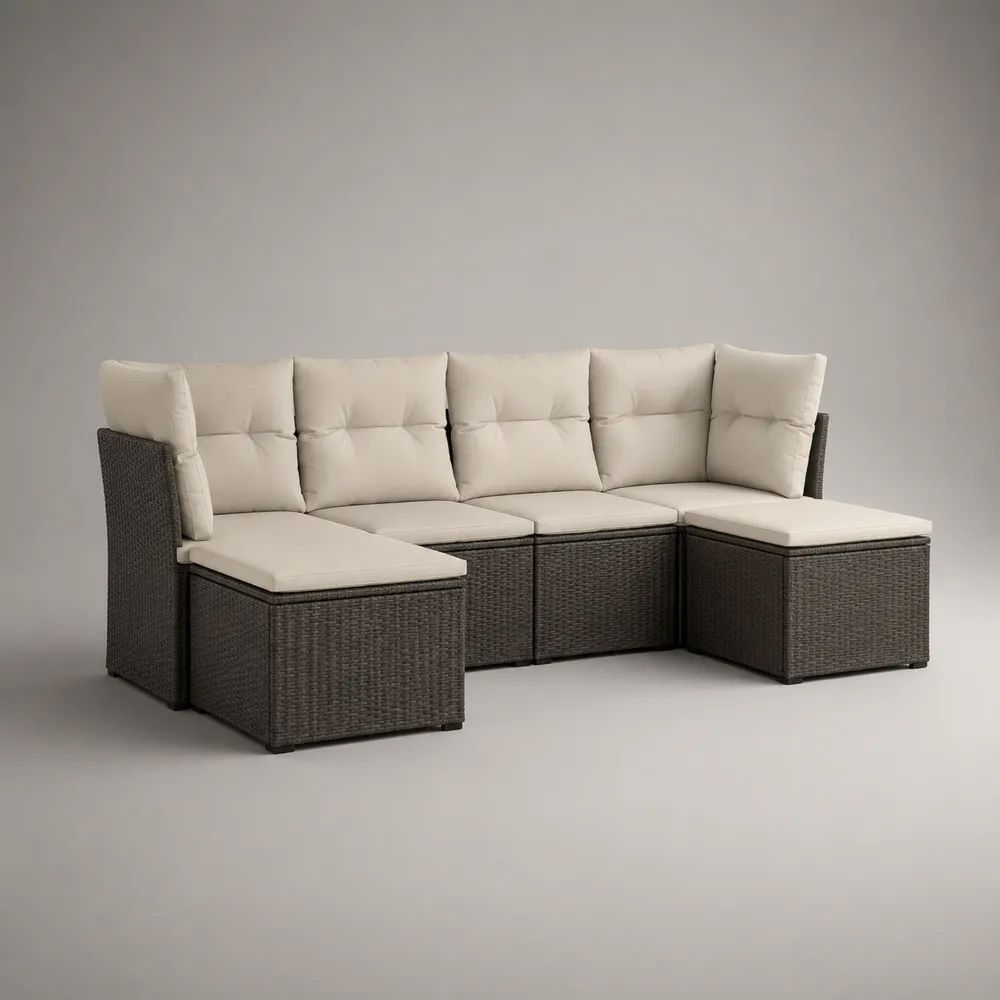 6-teiliges Gartenlounge-Set in U-Form aus PE-Rattan und Stahl mit Polstern, Dunkelbraun/Beige, 250 x 165 x 72 cm