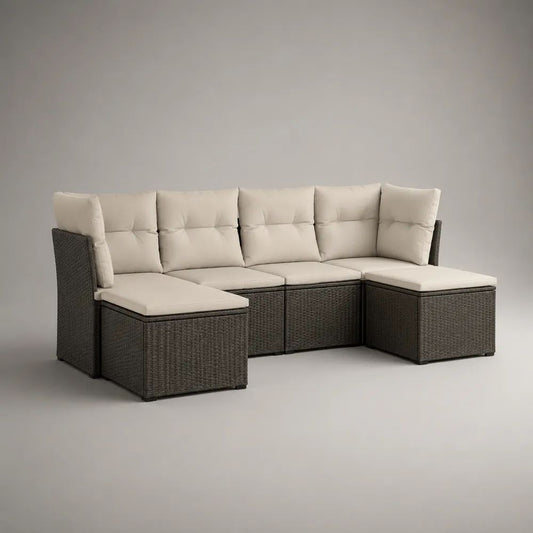 6-teiliges Gartenlounge-Set in U-Form aus PE-Rattan und Stahl mit Polstern, Dunkelbraun/Beige, 250 x 165 x 72 cm