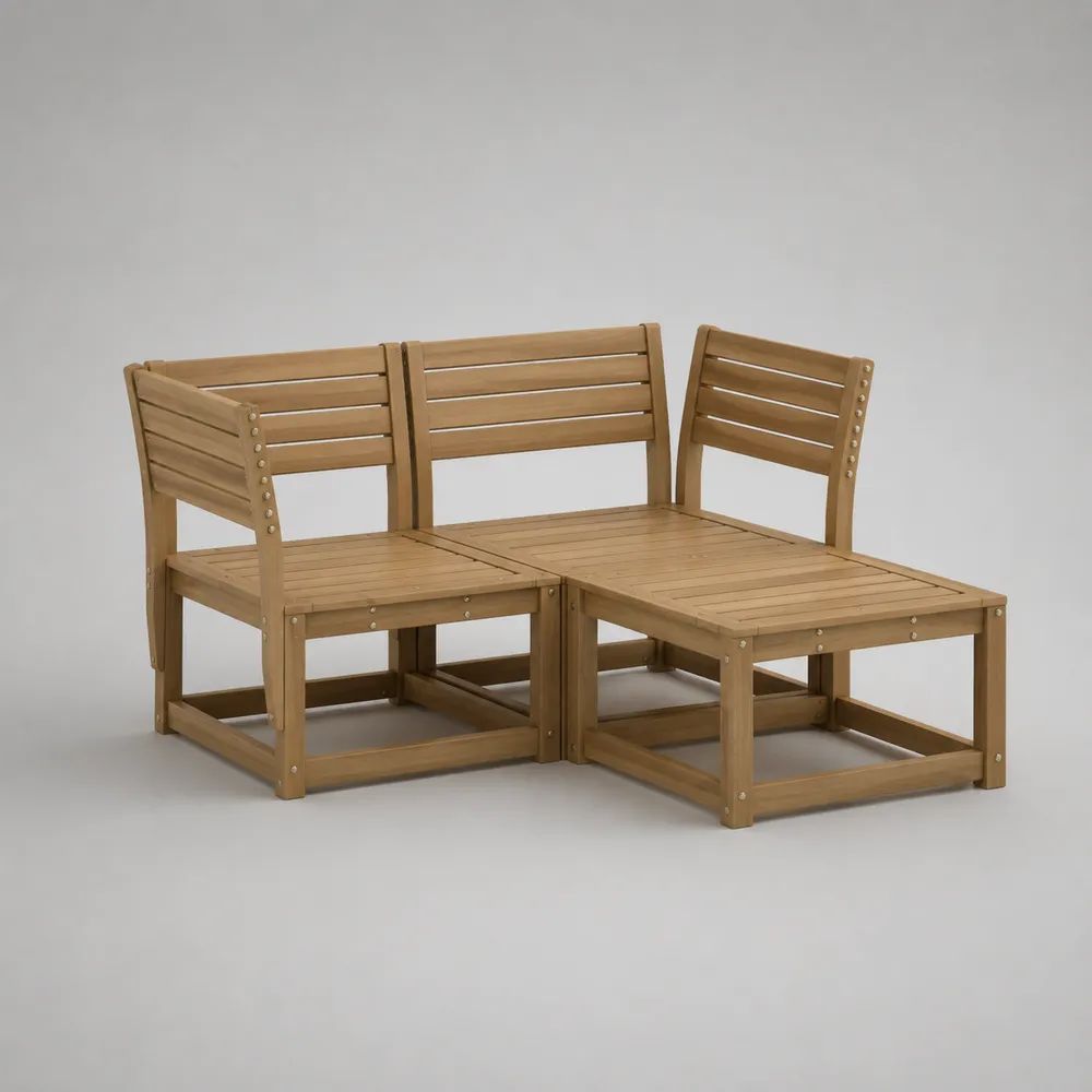 3-teilige Garten-Eckbank aus massivem Akazienholz, L-förmig, Braun, 140 × 140 × 75 cm