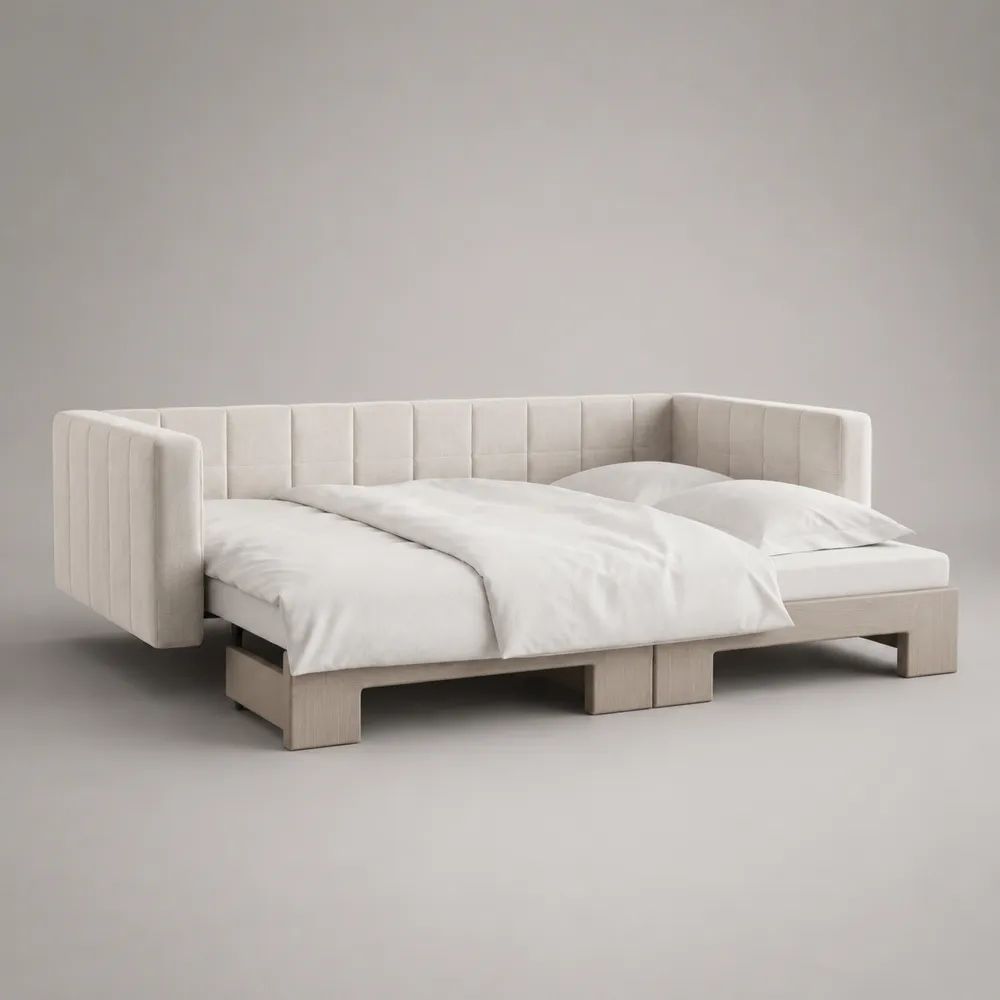 2-Sitzer-Schlafsofa mit Ausziehbett, Polyester-Samt und Holzgestell, Creme/Hellbraun, Liegefläche 160 × 200 cm, Gesamtmaß 220 × 92–172 × 83 cm