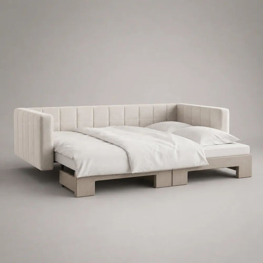 2-Sitzer-Schlafsofa mit Ausziehbett, Polyester-Samt und Holzgestell, Creme/Hellbraun, Liegefläche 160 × 200 cm, Gesamtmaß 220 × 92–172 × 83 cm