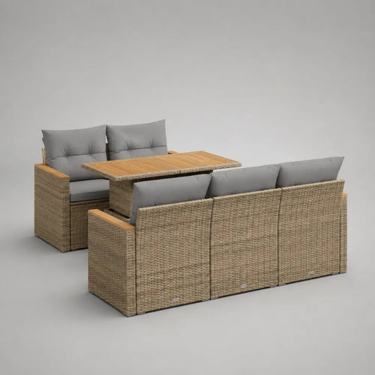 3-teiliges Gartenmöbel-Set aus PE-Rattan und Akazienholz, Beige/Grau/Naturbraun, 3-Sitzer 180 × 70 × 80 cm, 2-Sitzer 124 × 70 × 80 cm, Tisch 145 × 74 × 68 cm