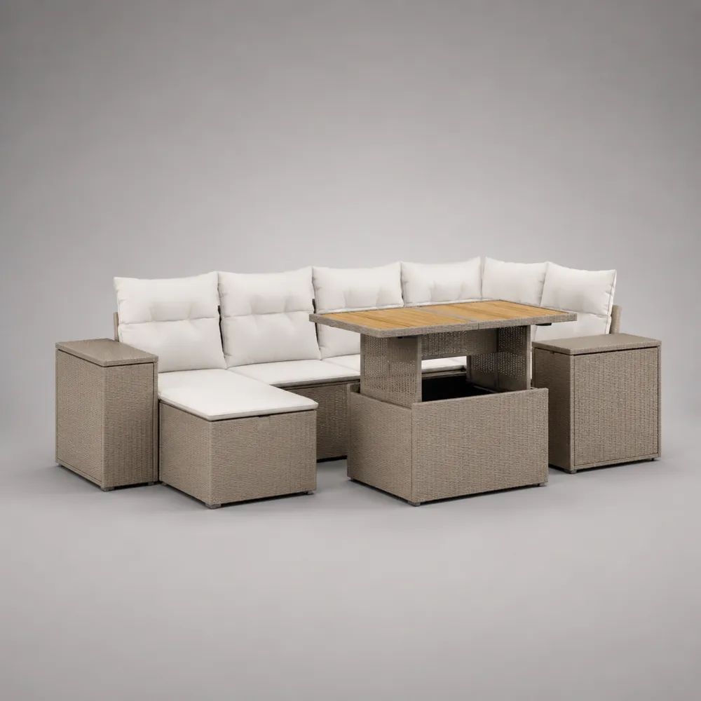 5-teiliges Gartenmöbel-Set aus PE-Rattan und Stahl mit Akazienholz-Tisch, Ecksofa, Ottomane und 2 Hockern, Taupe/Creme/Naturbraun, 236 x 177 x 73 cm