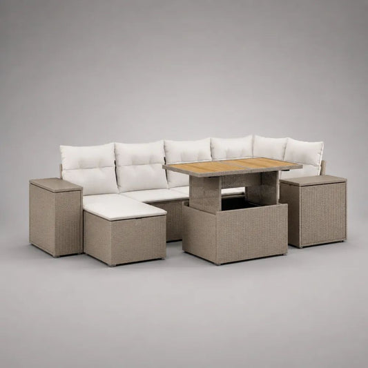 5-teiliges Gartenmöbel-Set aus PE-Rattan und Stahl mit Akazienholz-Tisch, Ecksofa, Ottomane und 2 Hockern, Taupe/Creme/Naturbraun, 236 x 177 x 73 cm