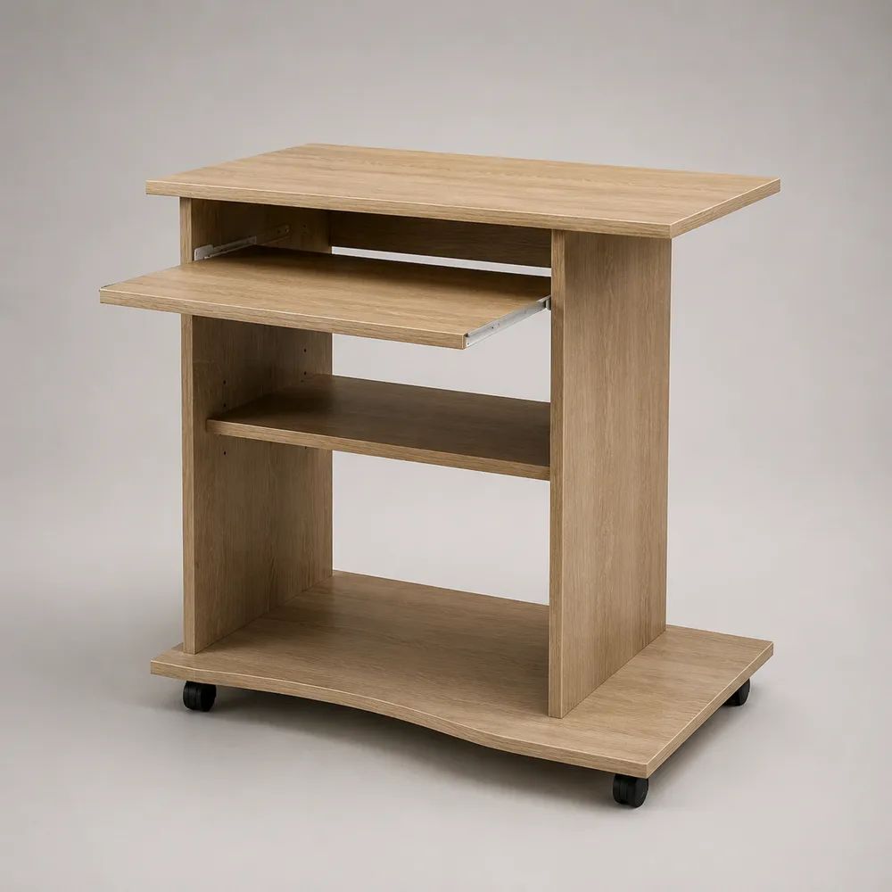 Computertisch aus Spanplatte mit Tastaturauszug und Rollen, Eichefarben, 80 x 50 x 75 cm