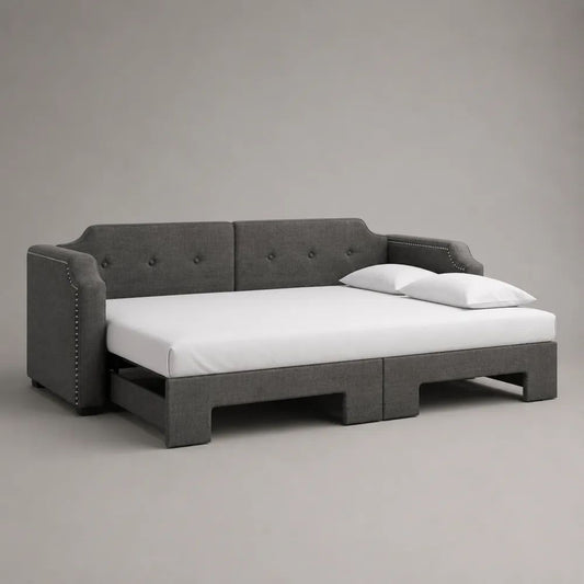 Ausziehbares Schlafsofa mit Polyesterbezug, Dunkelgrau, Liegefläche 90/180 × 200 cm, Gesamtmaß 218 × 101/191 × 88 cm