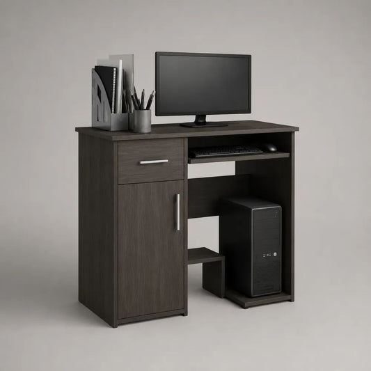Computertisch aus Holzwerkstoff mit Schublade, Schrank, Tastaturauszug und PC-Fach, Dunkelbraun/Silberfarben, 100 × 50 × 75 cm
