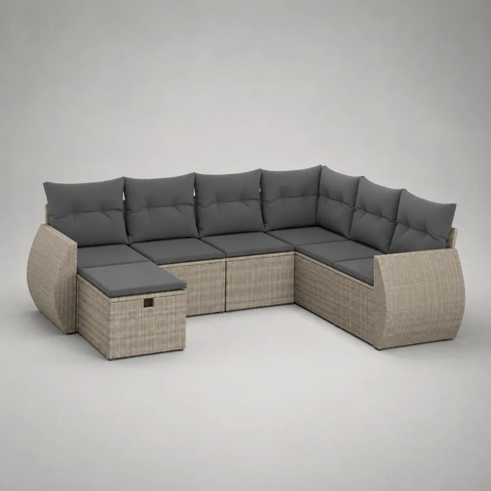 L-förmiges Gartensofa-Eckset aus PE-Rattan mit Auflagen und Stauraumhocker, Beige/Dunkelgrau, 305 x 235 x 74 cm