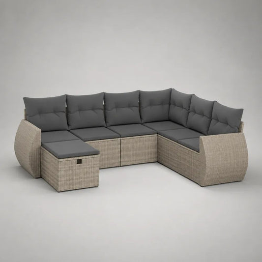 L-förmiges Gartensofa-Eckset aus PE-Rattan mit Auflagen und Stauraumhocker, Beige/Dunkelgrau, 305 x 235 x 74 cm