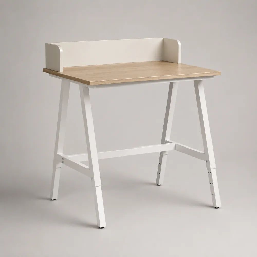 Höhenverstellbarer Schreibtisch mit Aufsatz aus MDF und Stahl, rechteckig, Weiß/Eiche hell, 100 × 55 × 100–120 cm