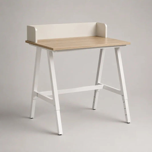 Höhenverstellbarer Schreibtisch mit Aufsatz aus MDF und Stahl, rechteckig, Weiß/Eiche hell, 100 × 55 × 100–120 cm
