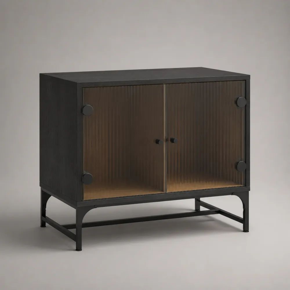 Standschrank aus MDF, Stahl und Glas mit 2 geriffelten Glastüren, Schwarz/Bronze, 80 × 35 × 80 cm
