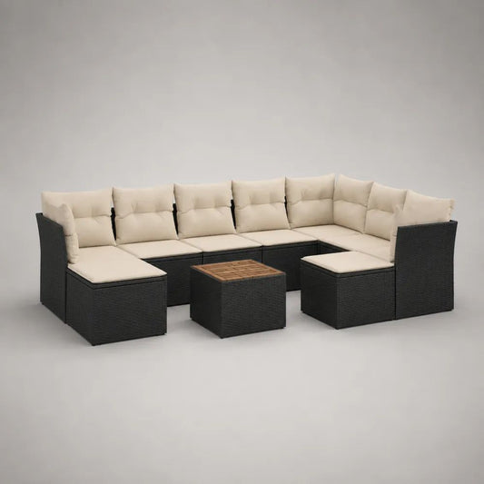 9-teiliges Gartenlounge-Set aus PE-Rattan und Akazien-Massivholz, U-Form, Schwarz/Creme/Braun, 300 × 180 × 64 cm