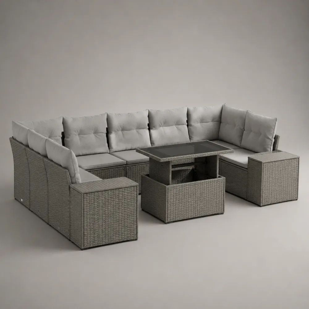Gartenmöbel-Set mit U-Sofa, Hubtisch, Sitzbank und Hockern aus PE-Rattan, Grau/Hellgrau, 260 × 200 × 74 cm
