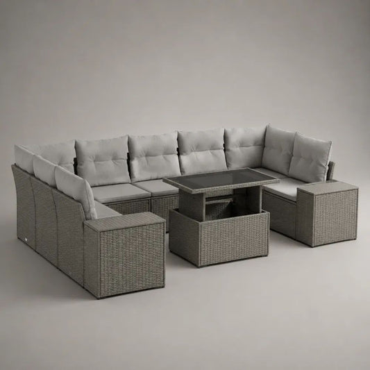 Gartenmöbel-Set mit U-Sofa, Hubtisch, Sitzbank und Hockern aus PE-Rattan, Grau/Hellgrau, 260 × 200 × 74 cm