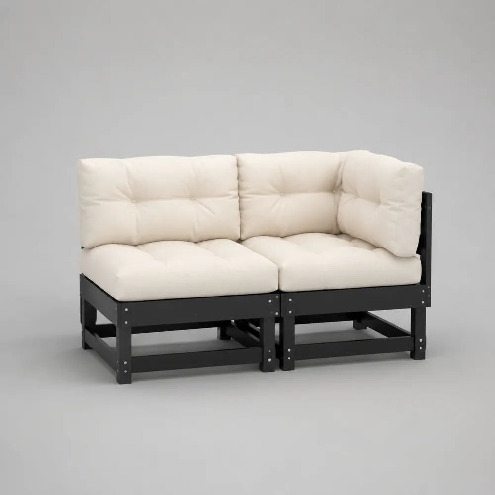 Gartensofa 2-Sitzer aus massivem Kiefernholz mit Polyesterkissen, Schwarz/Cremeweiß, 127 × 63,5 × 62,5 cm