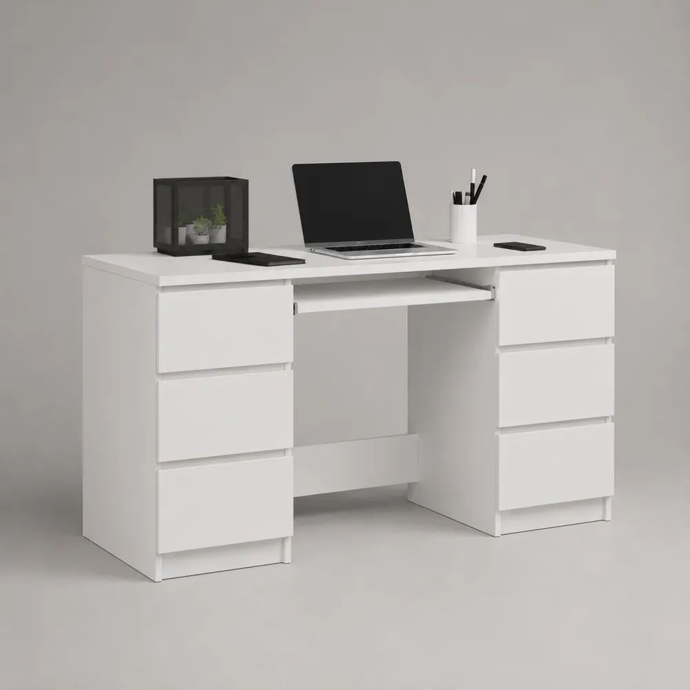 Schreibtisch aus Holz mit 6 Schubladen und Tastaturauszug, Weiß, 120 × 50 × 75 cm