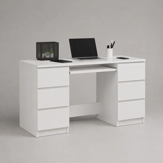Schreibtisch aus Holz mit 6 Schubladen und Tastaturauszug, Weiß, 120 × 50 × 75 cm