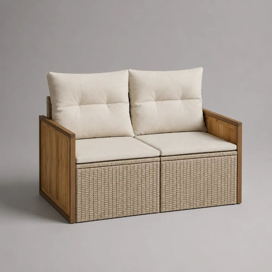 Gartenbank 2-Sitzer aus Akazien-Massivholz und PE-Rattan, Naturbraun/Beige, 120 × 67 × 86 cm