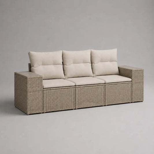 5-teilige Gartenbank, 3-Sitzer aus PE-Rattan mit Polyesterkissen, Beige/Cremeweiß, 195 × 70 × 82 cm