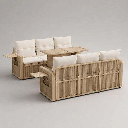 3-teiliges Gartenlounge-Set für 6 Personen aus PE-Rattan und Aluminium, Beige/Cremeweiß, Sitzbänke je 200 × 75 × 85 cm, Tisch 140 × 70 × 68 cm