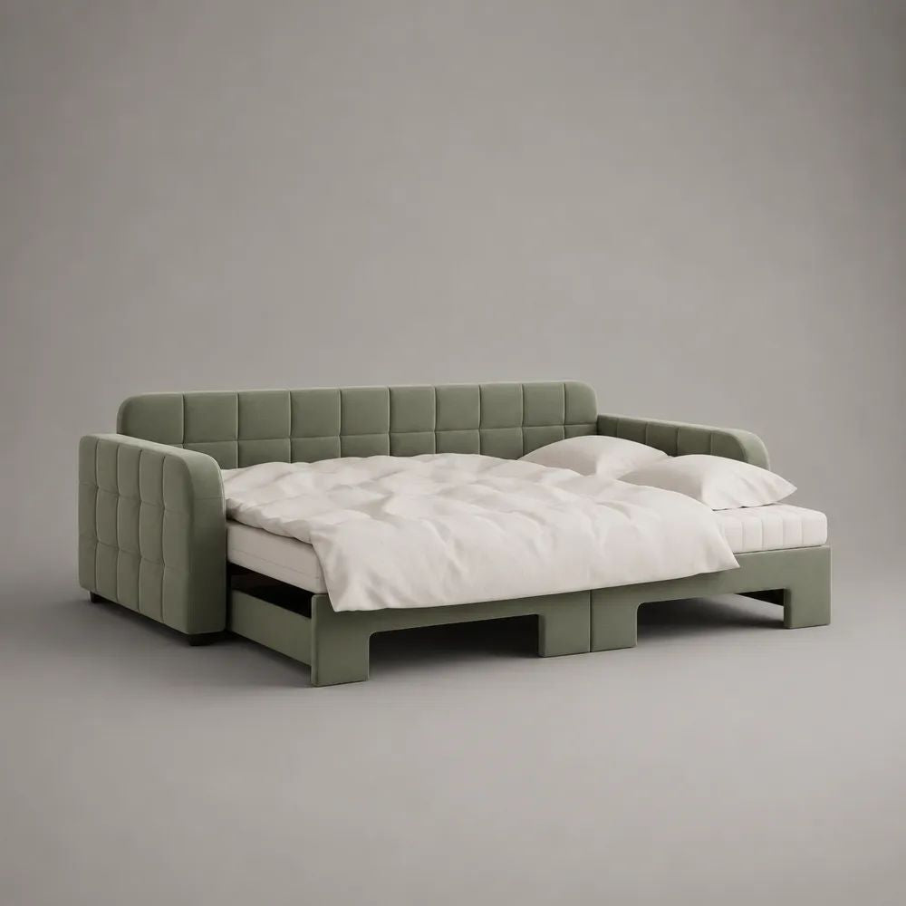 Schlafsofa mit Ausziehfunktion, Polyester-Mikrofaser, Salbeigrün, Liegefläche 200 × 140 cm, Gesamtmaß 220 × 95 × 85 cm