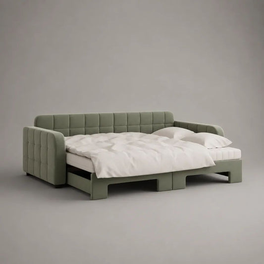 Schlafsofa mit Ausziehfunktion, Polyester-Mikrofaser, Salbeigrün, Liegefläche 200 × 140 cm, Gesamtmaß 220 × 95 × 85 cm