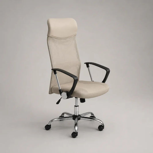 Höhenverstellbarer Bürostuhl mit hoher Netzrückenlehne, Kopfstütze, Armlehnen und Stahlfuß, Beige/Schwarz/Silber, 58 × 60 × 112–122 cm