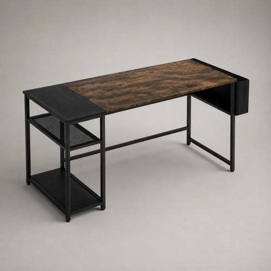 Computertisch mit Regal und Seitentasche aus Holz und Stahl, rechteckig, Braun/Schwarz, 120 × 60 × 75 cm