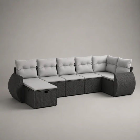 6-Sitzer Gartenlounge-Set, L-förmig, aus PE-Rattan mit Stauraum, Anthrazit/Hellgrau, ca. 315 × 165 × 85 cm